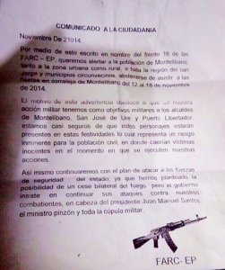 Facsímil del documento amenazante que circuló en el municipio de Montelibano.